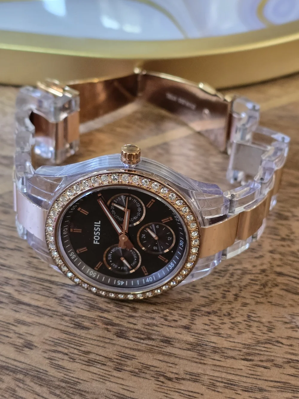 Fossil Crystal-Trim Acrylic Band Watch - Black & Rose Gold Plastic Watch